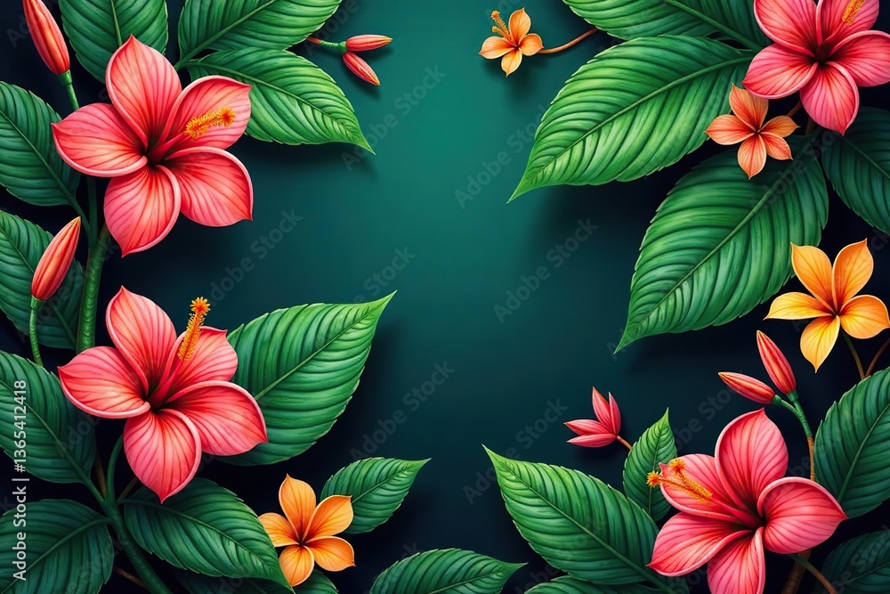 Fototapeta premium Tropical botanical painting with vibrant leaves and flowers, rich colors and intricate details, botanical, flowers