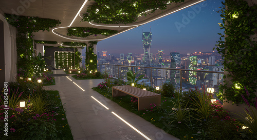 Terrace for rest with lush vertical garden, urban rooftop into green oasis. Blend of nature and modern architecture promotes sustainability, creating vibrant eco-friendly cityscape