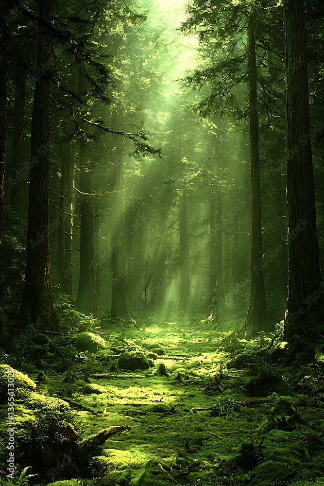 Fototapeta premium Enchanted forest path bathed in sunbeams. Lush green moss, ancient trees, and a mystical atmosphere create a perfect setting for fantasy, nature, or environmental themes.