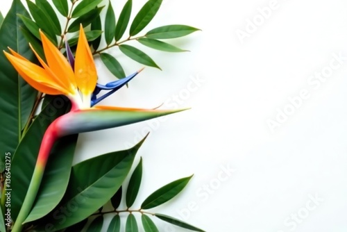 Tropical leaves and strelitzia flowers arrangement on white background, tropical leaves, tropical