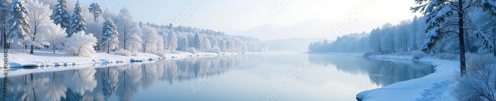 Snow-covered trees reflecting in a frozen lake in a peaceful winter landscape, serene, snow Snow-covered trees reflecting in a frozen lake in a peaceful winter landscape, serene, snow