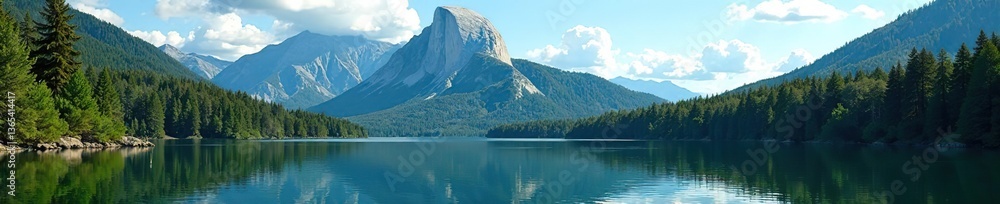 Fototapeta premium Scenic view of Lake Lure with majestic Chimney Rock in the background surrounded by lush forest and clear blue skies, scenery, rocks