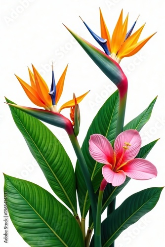 Tropical plants and flowers isolated on white background in vibrant colors,  flora,  tropical collection