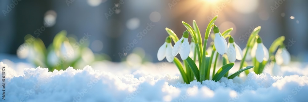 Fototapeta premium Snowdrop flowers blooming in fresh white snow, signaling the arrival of spring, icy, landscape