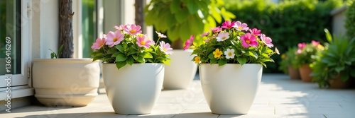 Wallpaper Mural Two large white flower pots with colorful blooms on a sunny patio,  colorful,  sunlight Torontodigital.ca