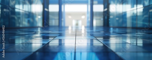 Wallpaper Mural Blurry out of focus background of an commercial office building with glass walls, leading to the foreground where there is a large floor made from dark blue tile and white tiles modern futuristic. Torontodigital.ca