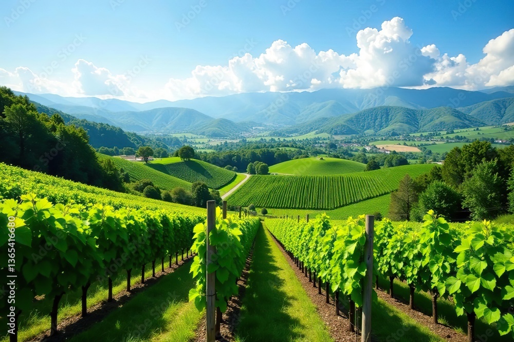 Naklejka premium Scenic view of lush vineyards in Priora with rolling hills and vibrant greenery, hills, beautiful