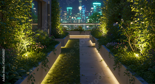 Lush vertical garden transforms an urban rooftop into green oasis. Blend of nature and modern architecture promotes sustainability, creating vibrant eco-friendly cityscape with backlight