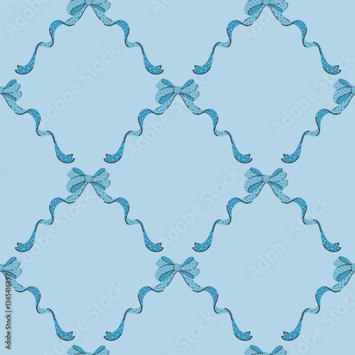 Blue coquette trellis seamless pattern. ribbon bow background, fabric , wallpaper, wrapping texture