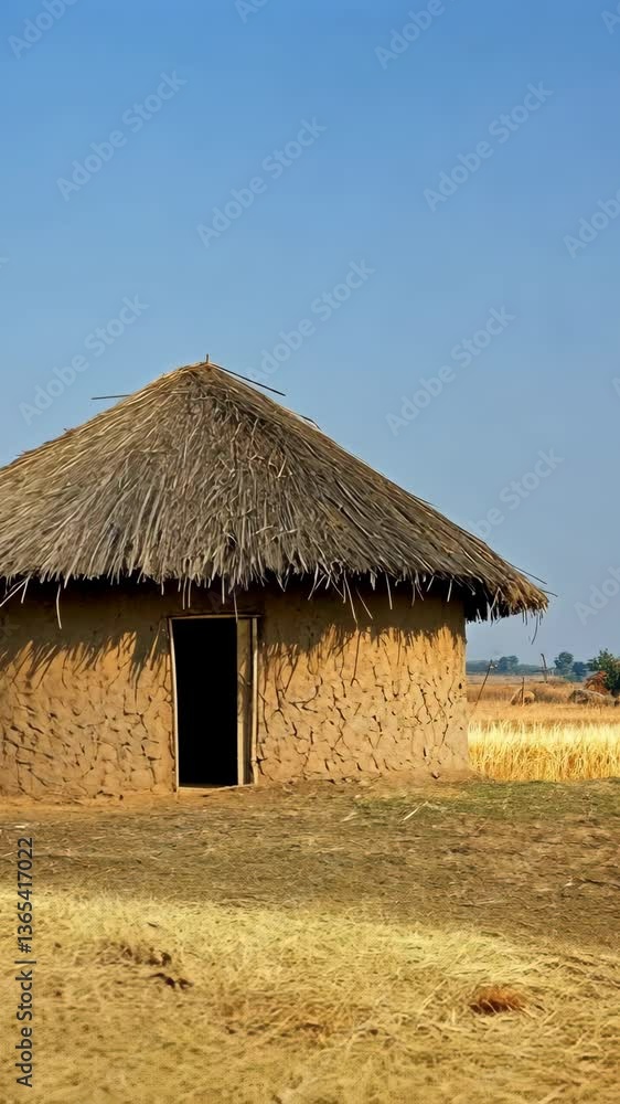 Traditional round thatched hut located in a rural area surrounded by dry fields under a clear blue sky Traditional round thatched hut located in a rural area surrounded by dry fields under a clear blue sky