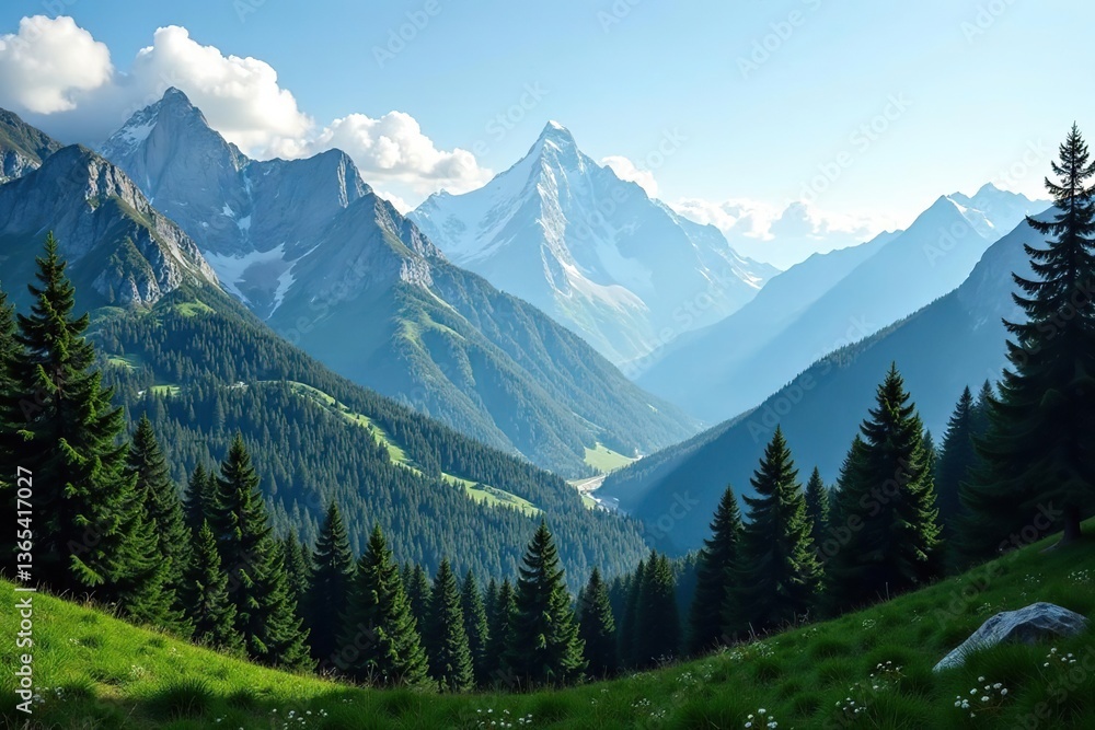 Obraz premium Scenic view of majestic mountains with dense coniferous forest in foreground, mountain, tranquil