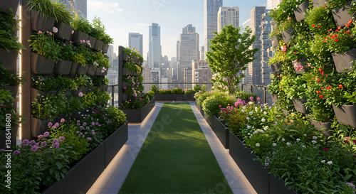 Lush vertical garden transforms an urban rooftop into green oasis. Blend of nature and modern architecture promotes sustainability, creating vibrant eco-friendly cityscape