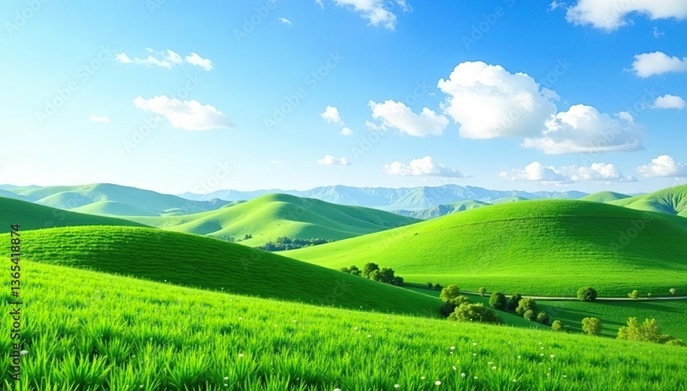 Obraz premium Scenic view of rolling green hills under blue skies, outdoors, lush