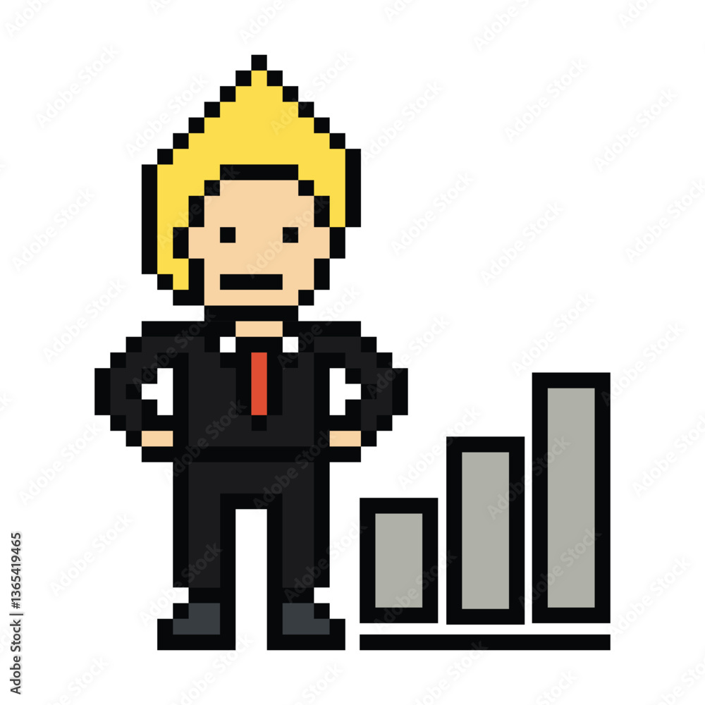 Fototapeta premium Cartoon cute pixel cartoon 8bit character business man businessman smart work game decoration business 8 bit male career smart character game 8bit png vector.