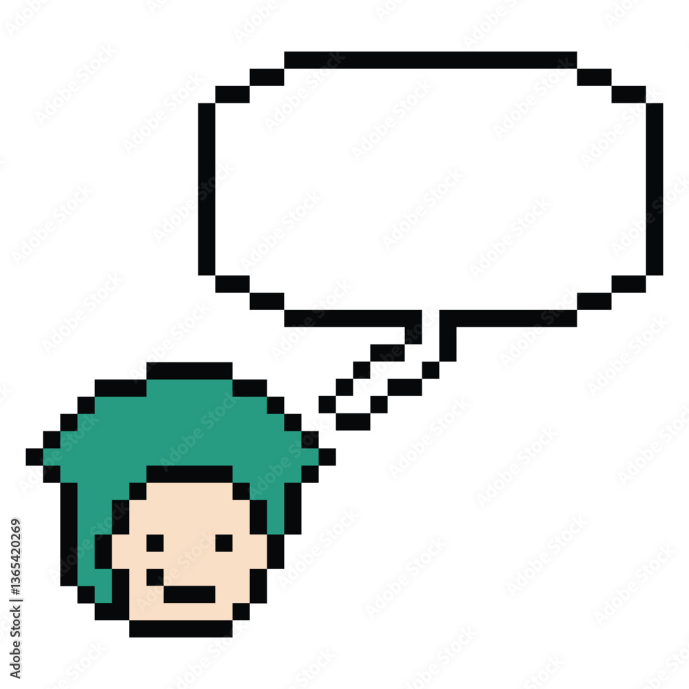 Fototapeta premium Cartoon pixel cute character man face with chat box blank decoration 8 bit male boy say speak discuss idea chat box cartoon pixel 8bit game png vector.