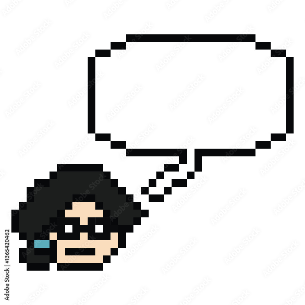 Fototapeta premium Cartoon pixel cute cartoon character face woman with chat blank decoration 8 bit female girl say speak discuss idea chat box cartoon pixel game 8bit png vector.