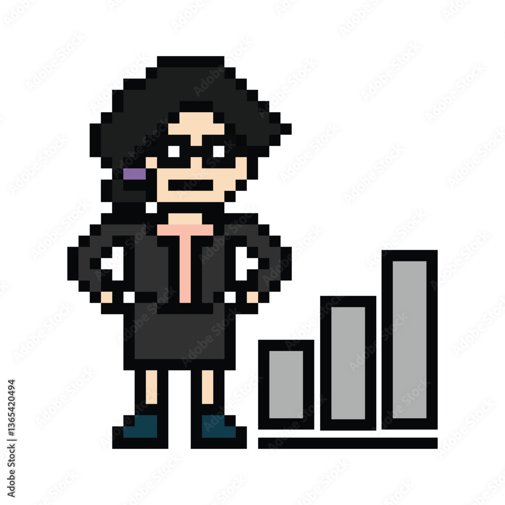 Obraz premium Cartoon cute pixel cartoon 8bit character business woman office smart work game decoration business 8 bit female lady businesswoman career smart character game png vector.