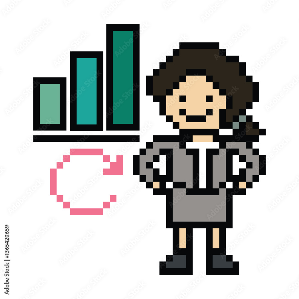 Fototapeta premium Cartoon cute pixel cartoon 8bit character business woman office smart work game decoration business 8 bit female lady businesswoman career smart character game png vector.