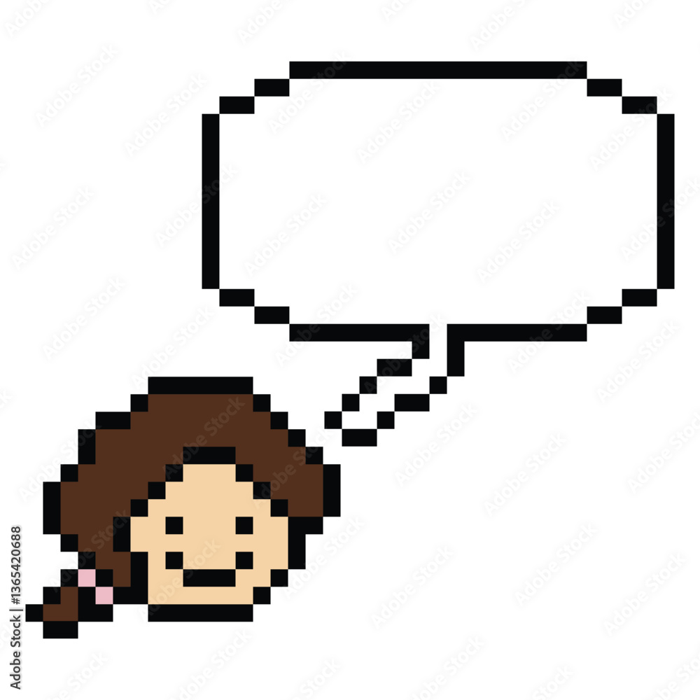 Obraz premium Cartoon pixel cute cartoon character face woman with chat blank decoration 8 bit female girl say speak discuss idea chat box cartoon pixel game 8bit png vector.