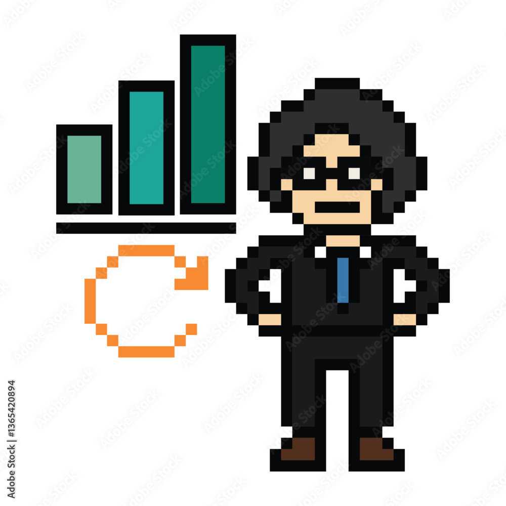Obraz premium Cartoon cute pixel cartoon 8bit character business man businessman smart work game decoration business 8 bit male career smart character game 8bit png vector.