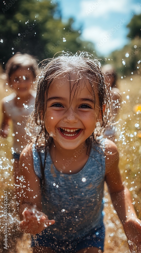 Obraz premium A happy child enjoys playing outside in the water spray