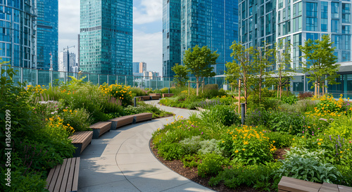 Path on green rooftops and vertical gardens redefine urban architecture, bringing nature into city. Balance of sustainability, innovation, and modern design enhances landscape. Landscape with sun