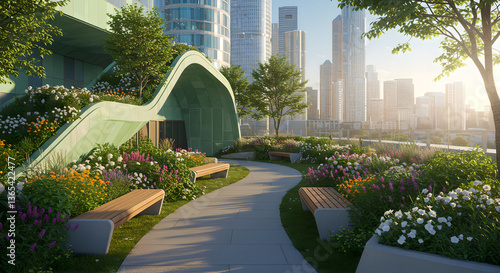 Futuristic city embraces sustainability with rooftop gardens and vertical greenery. This urban landscape merges modern architecture with nature, fostering greener, healthier environment