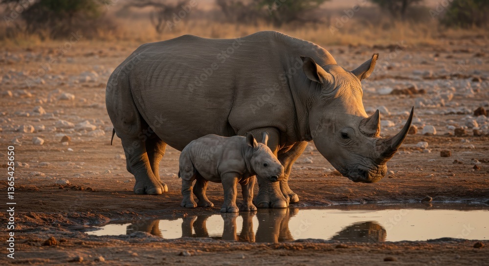 Fototapeta premium White rhino mother and baby in the wild safari park