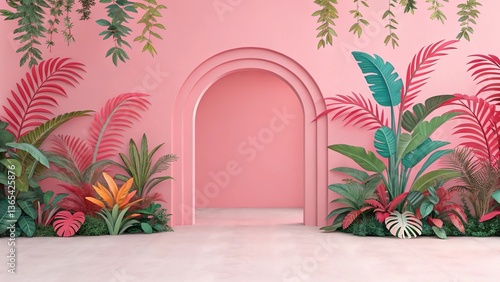  Pink Archway with Tropical Plants Background