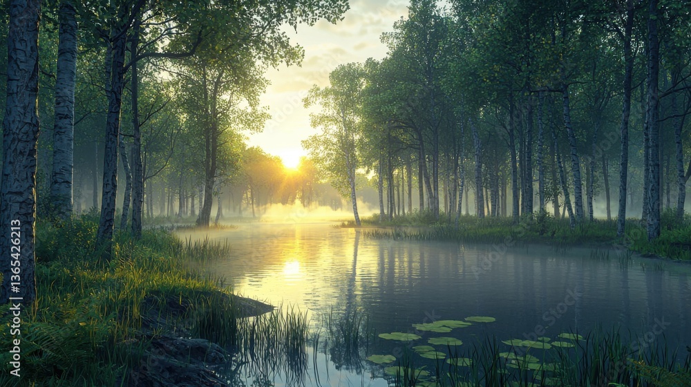 Obraz premium Misty Forest at Sunrise with Clear Lake for Environmental Hope and Nature Preservation