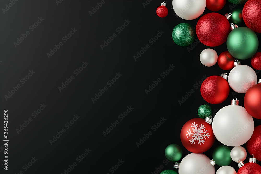 Festive red, green, white ornaments on black background Festive red, green, white ornaments on black background