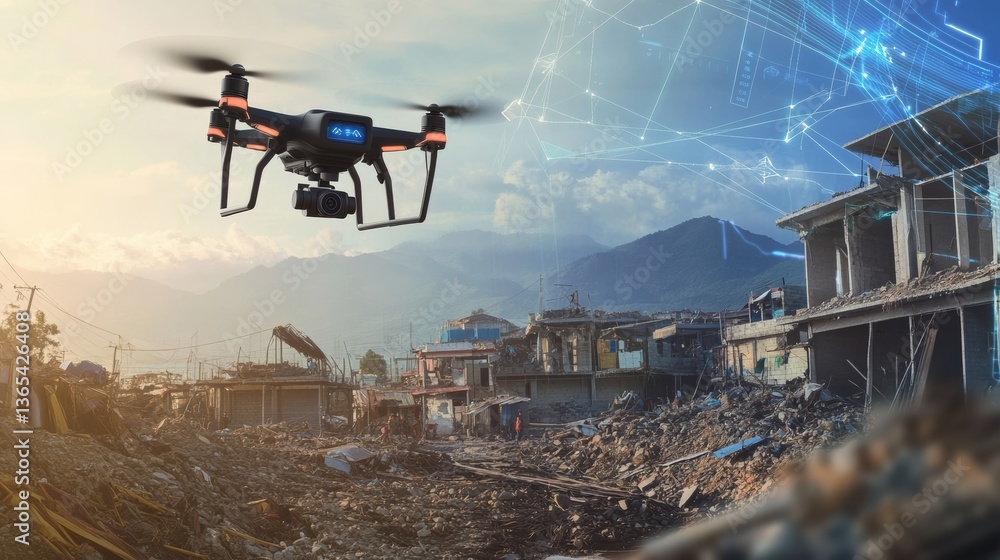 Fototapeta premium An AI powered disaster response drone, surveying earthquake-hit areas to assist in rescue operations, Disaster tech style