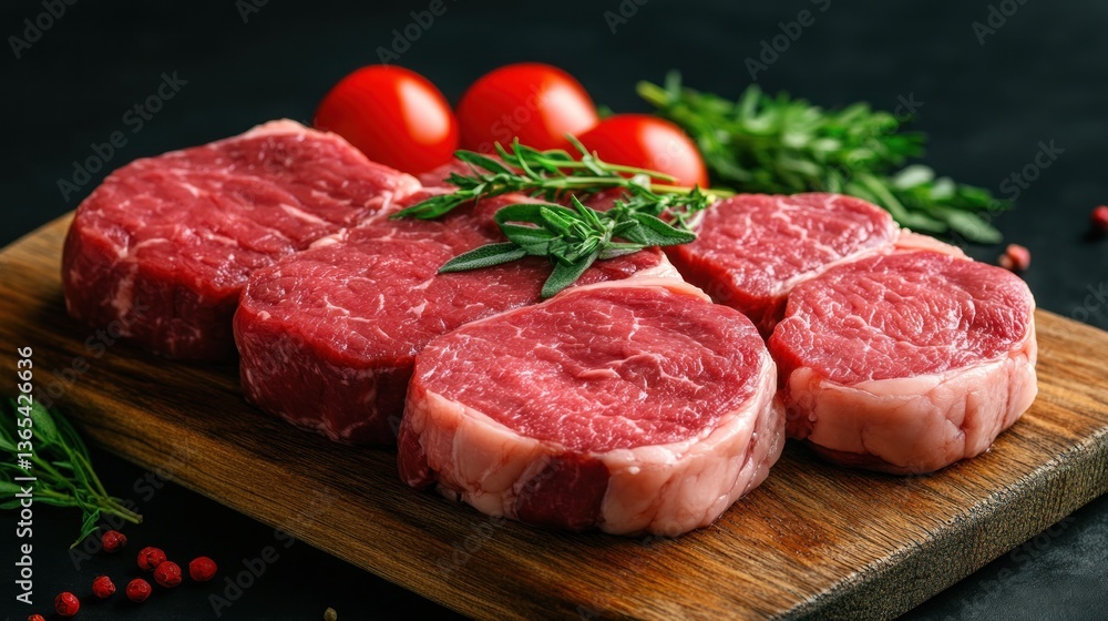 Juicy Raw Steaks on Wooden Board, Ready to Grill Juicy Raw Steaks on Wooden Board, Ready to Grill