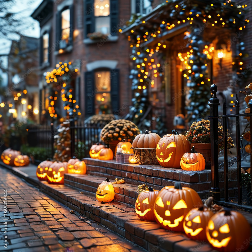 Obraz premium Halloween product display background podium, Classic Trick-or-Treat Street, brick, glowing jack-o’-lanterns, Halloween-decorated neighbourhood street, Cobweb houses, nostalgic and festive energy, ad