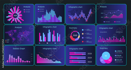 UI Infographic elements. Modern presentation with infographics, dashboard. Use in presentation templates, mobile app and corporate report. Vector illustration.