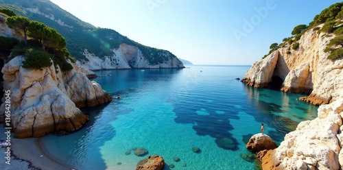 Sardinian rocky cliffs overlooking crystal-clear waters of Cala Goloritze and Cala Sisine,  sea,  adventure