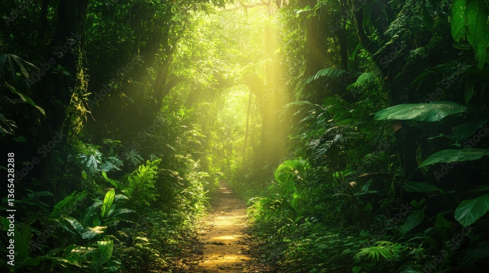 Obraz premium A pathway through a dense rainforest, sunlight filtering through the canopy.