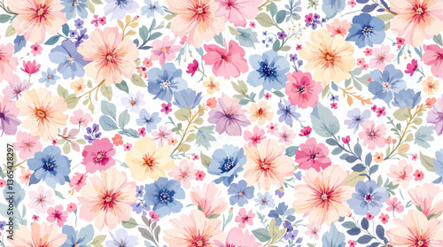Watercolor Colorful flower background, Beautiful seamless pattern with watercolor gentle colorful flowers