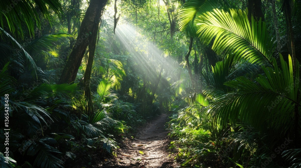 Fototapeta premium A pathway through a dense rainforest, sunlight filtering through the canopy.