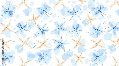 Seamless watercolor pattern of hand drawn nautilus shells and smooth sea pebbles on a white background, Watercolor pattern shells on white background	