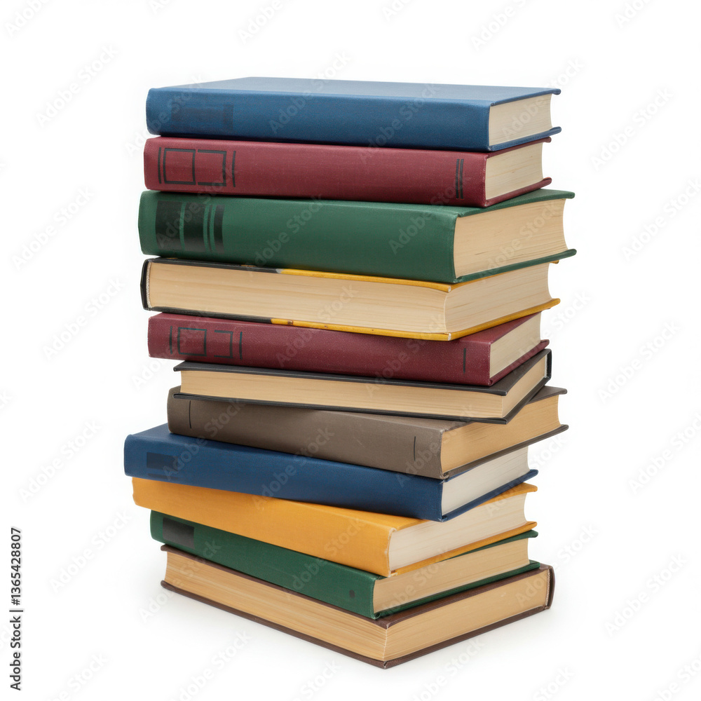 Stack of hardcover books with colorful bindings isolated on white background, educational literature, reading materials, and library collection Stack of hardcover books with colorful bindings isolated on white background, educational literature, reading materials, and library collection