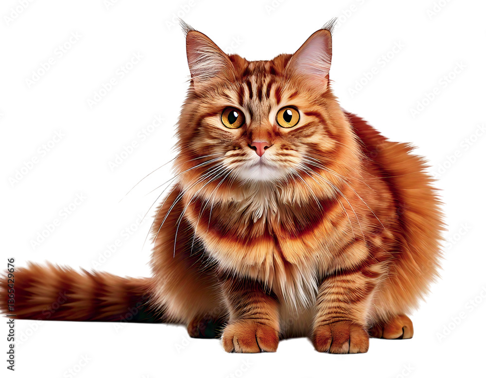 Fototapeta premium A stunning ginger cat with captivating amber eyes sits against a pristine white background. Its luxurious, thick fur is richly colored, enhancing its regal demeanor.