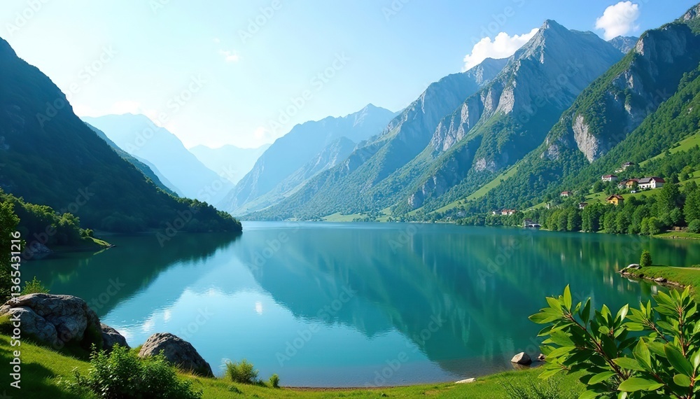 Scenic landscape featuring a serene lake and majestic mountains surrounded by lush greenery, water, outdoor Scenic landscape featuring a serene lake and majestic mountains surrounded by lush greenery, water, outdoor