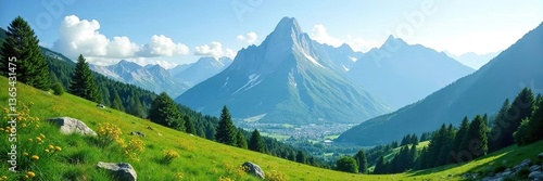 Scenic landscape featuring majestic mountains towering in the distance, with lush greenery in the foreground,  nature,  peaceful