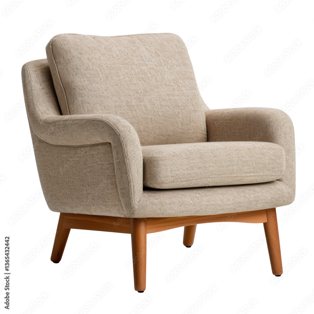 Cozy Mid-Century Modern Armchair in Light Beige Fabric with Wooden Legs for Relaxation