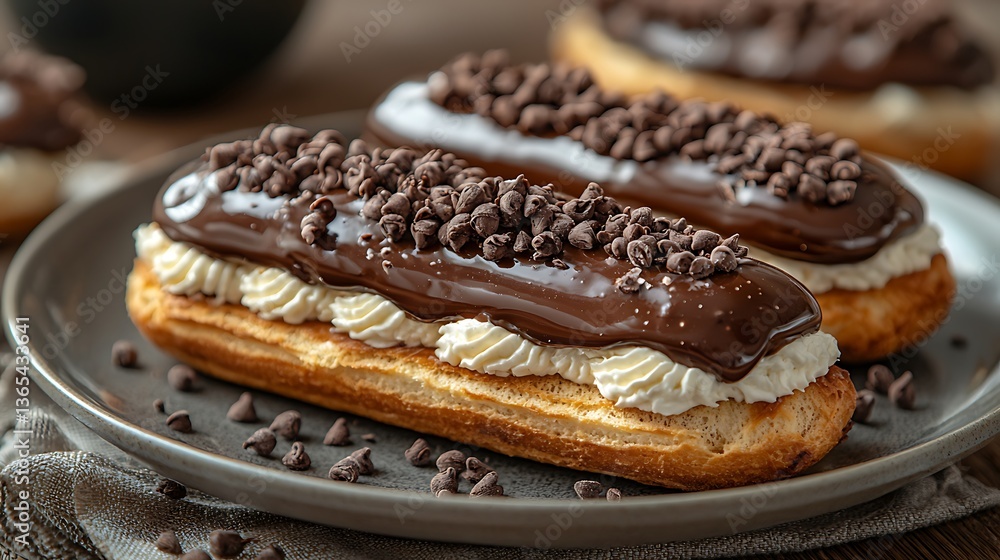 Delicious Chocolate Eclairs Filled with Cream and Topped with Chocolate and Chocolate Chips Delicious Chocolate Eclairs Filled with Cream and Topped with Chocolate and Chocolate Chips