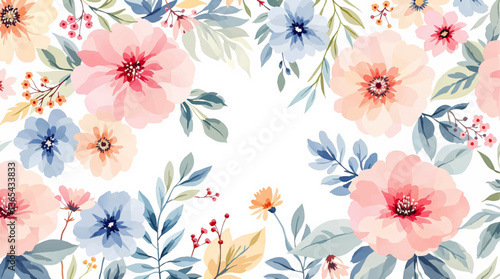 Watercolor floral seamless pattern with hand-painted blush pink flowers and green leaves on white background. Botanical print.	