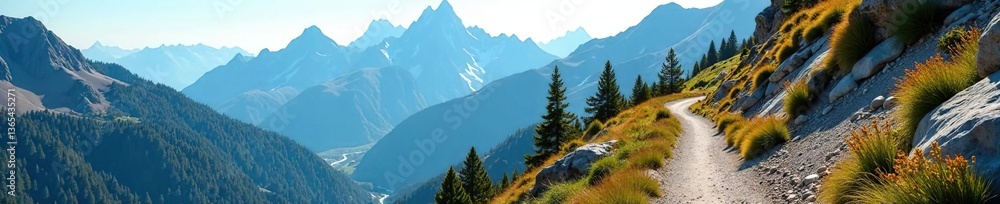 Obraz premium Scenic mountain trail winding through majestic landscapes, showcasing breathtaking views of rocky terrain, inviting outdoor enthusiasts to explore nature's beauty, trail, outdoor