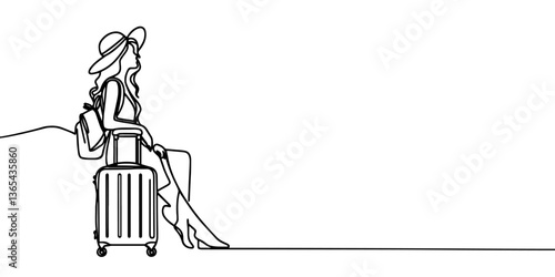  Continuous one single line art travel girl concept. Beautiful woman fashion tourist hand drawn sketch. Summer voyage agency white monochrome vector illustration