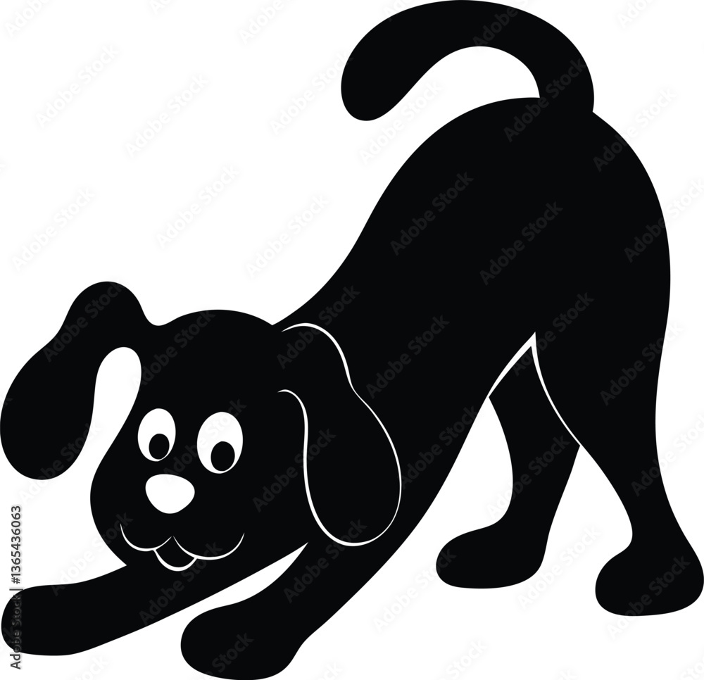 A black silhouette of a playful dog in a bowing position, with its front legs stretched forward A black silhouette of a playful dog in a bowing position, with its front legs stretched forward